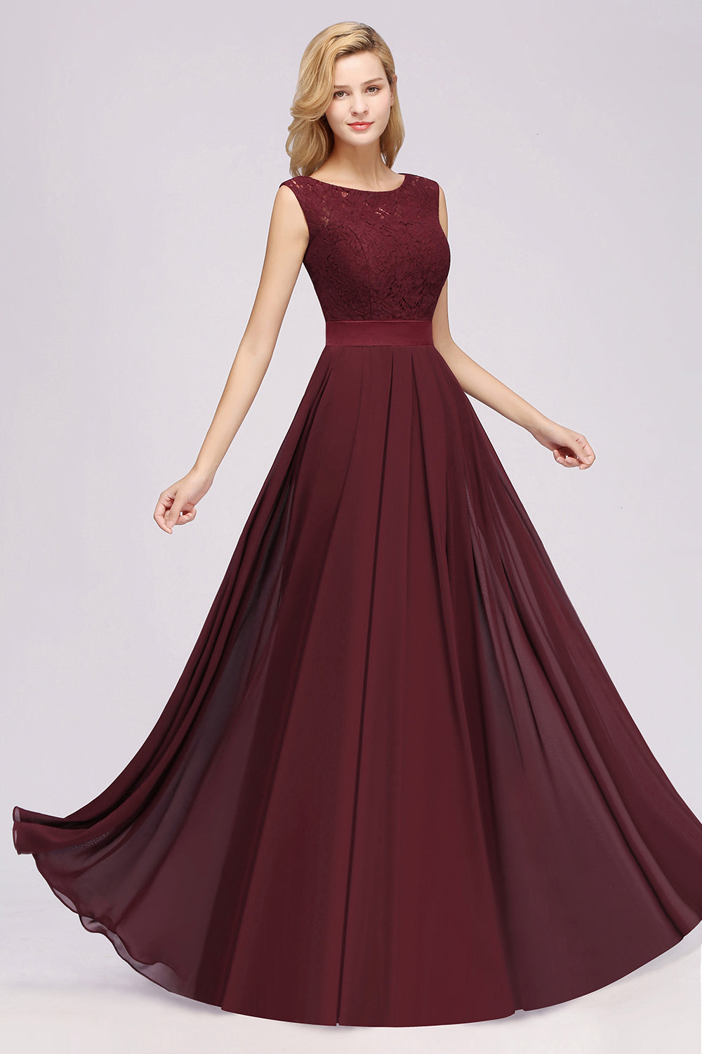 A-line Chiffon Lace Jewel Sleeveless Ruffles Floor Length Bridesmaid Dress