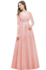 Long V-neck Tulle Lace A-line Evening Dress with Sleeves