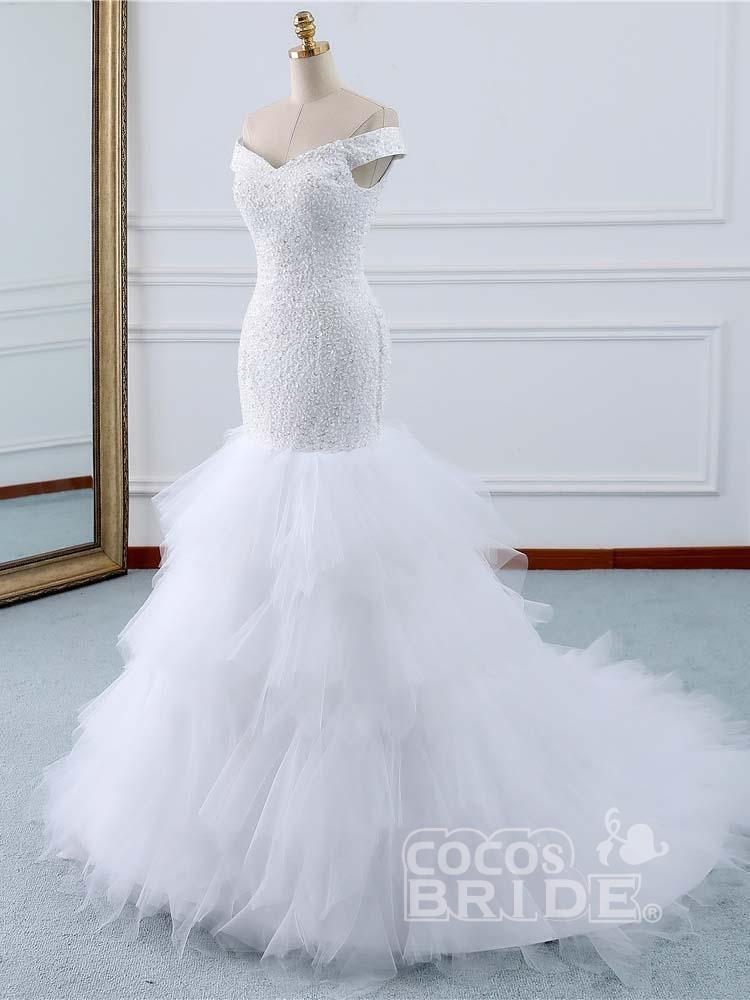 Long Off the Shoulder Mermaid Beads Tulle Wedding Dress