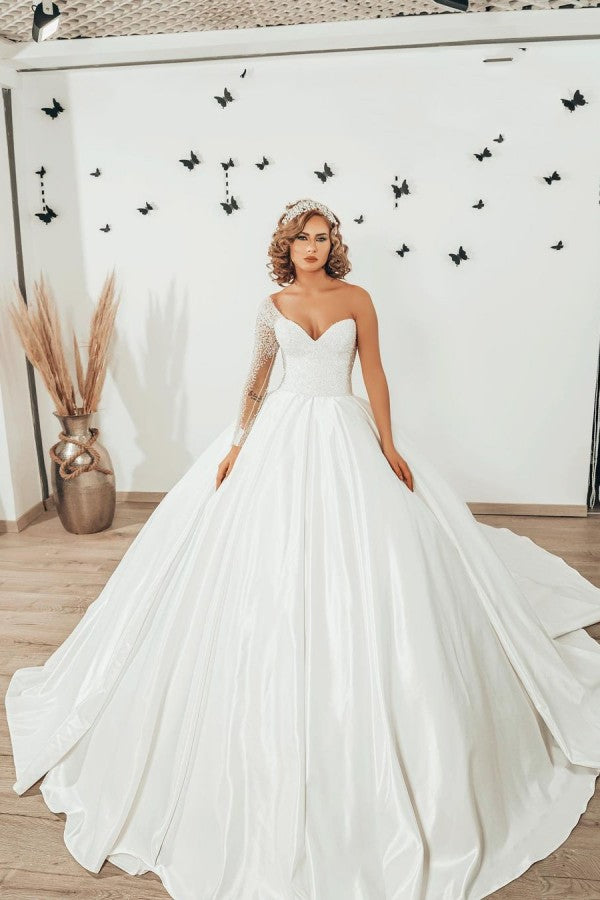 Modest Sweetheart Long Sleeve Floor Length Satin Ruffles Ball Gown Wedding Dress