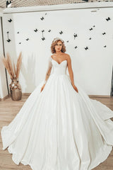 Modest Sweetheart Long Sleeve Floor Length Satin Ruffles Ball Gown Wedding Dress