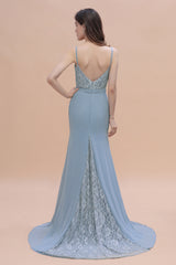 Simple V-neck Lace Chiffon Open Back Floor Length Mermaid Bridesmaid Dress