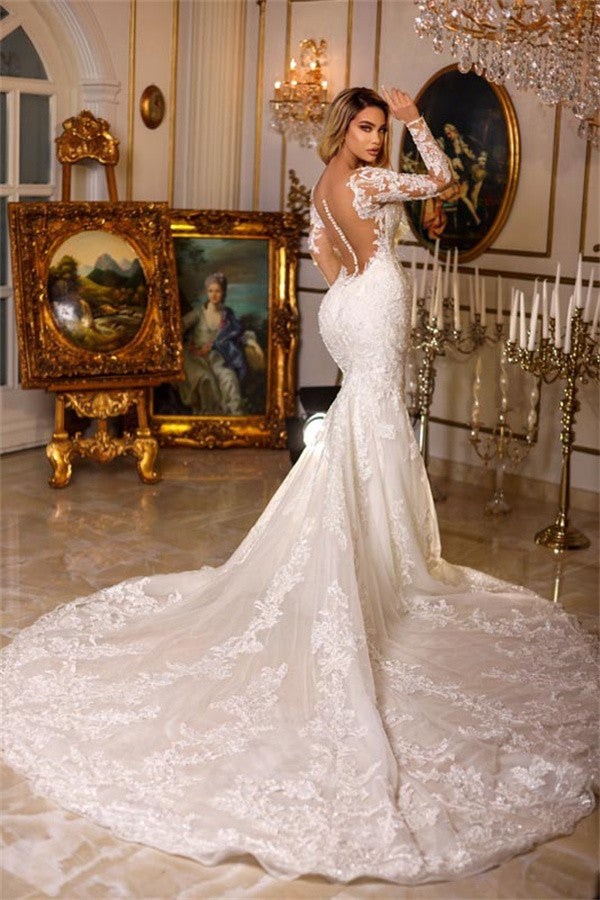 Gorgeous Mermaid Sweetheart Tulle Lace Long Sleeves Wedding Dress with Train