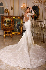 Gorgeous Mermaid Sweetheart Tulle Lace Long Sleeves Wedding Dress with Train