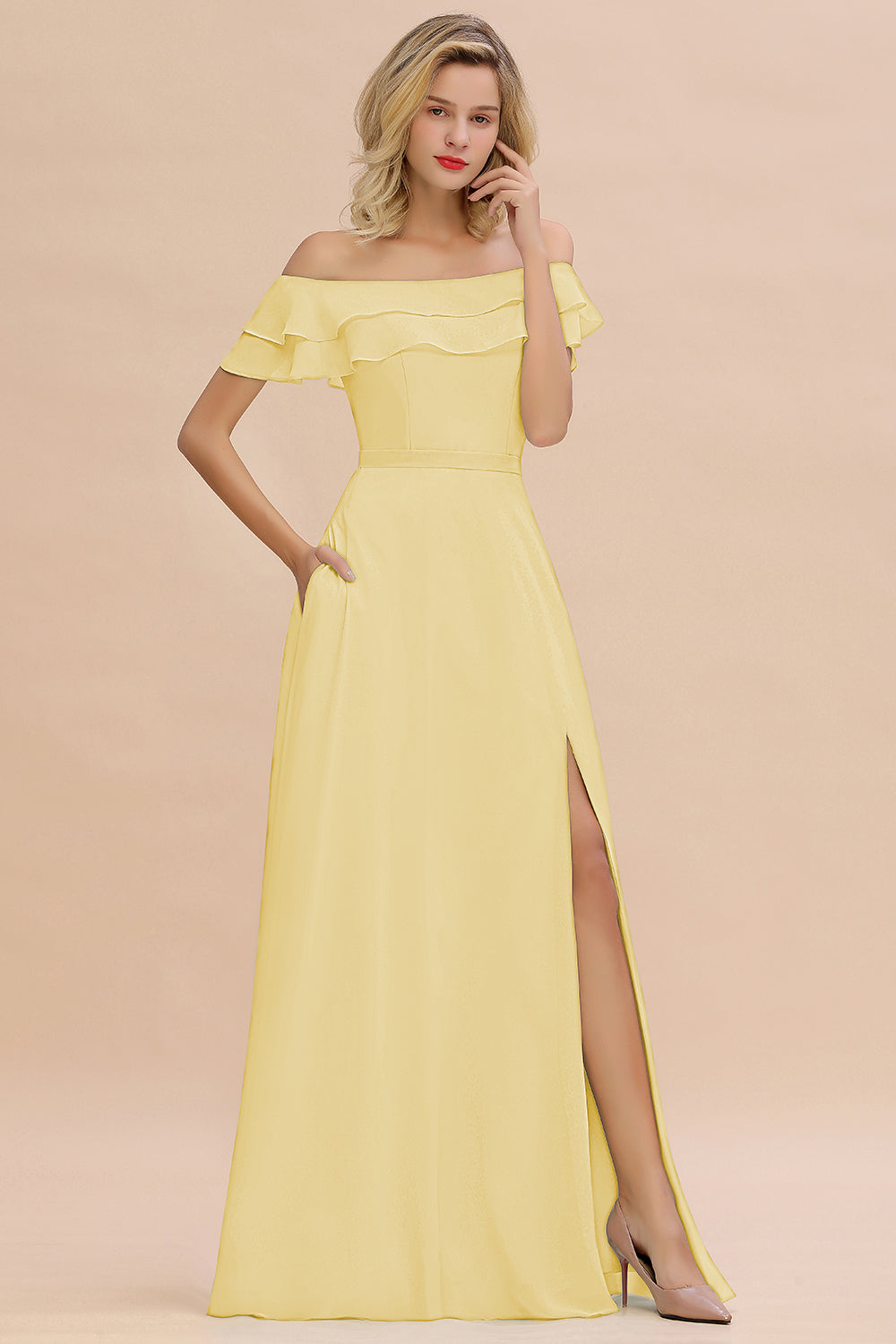 Off the Shoulder Front Slit Mint Green Long Bridesmaid Dress