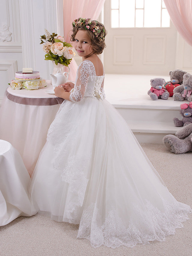White Long A-line Tulle Lace Flower Girl Dresses with Sleeves