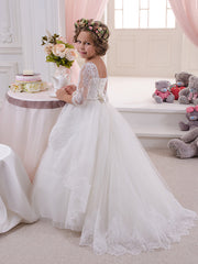 White Long A-line Tulle Lace Flower Girl Dresses with Sleeves