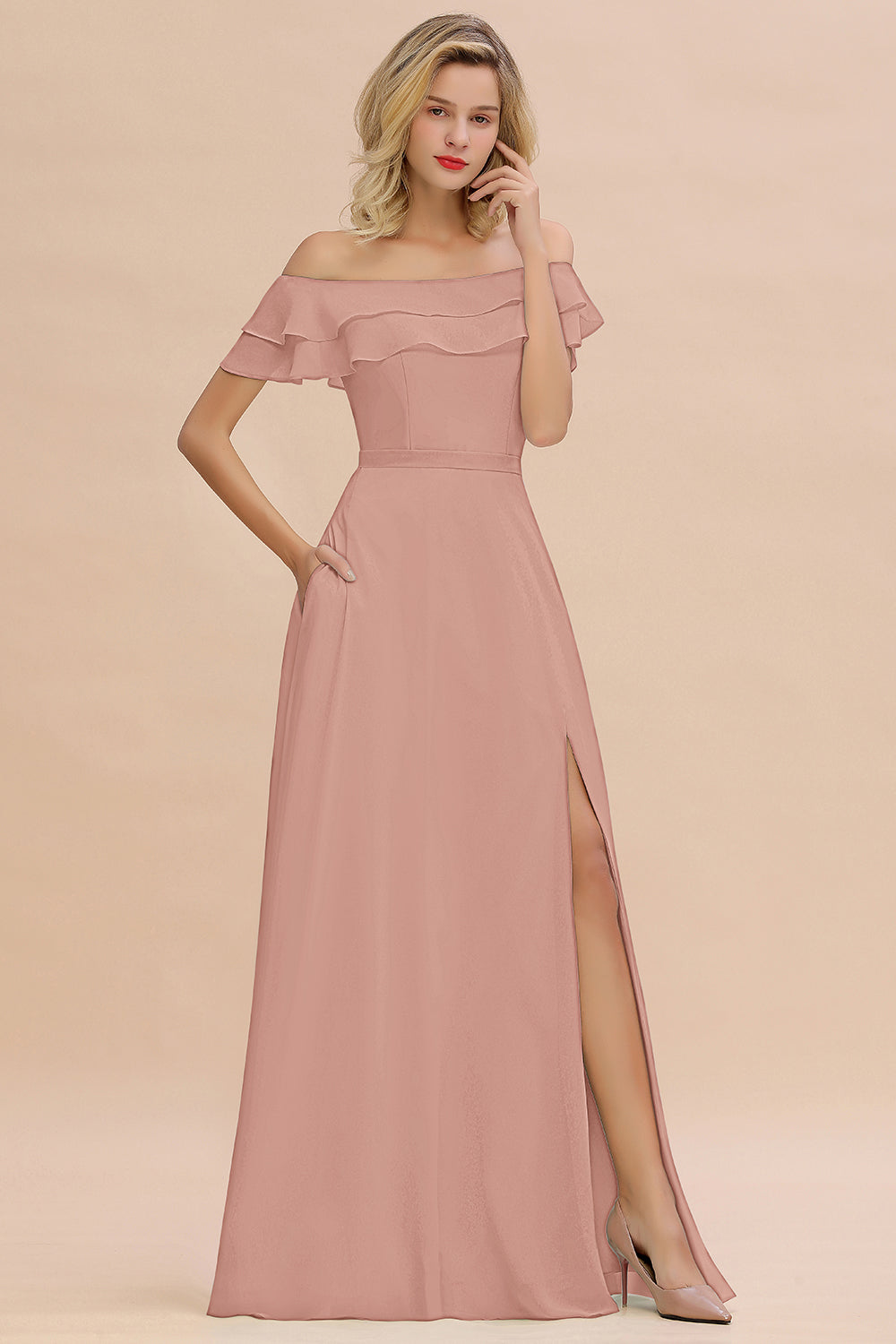 Off the Shoulder Front Slit Mint Green Long Bridesmaid Dress