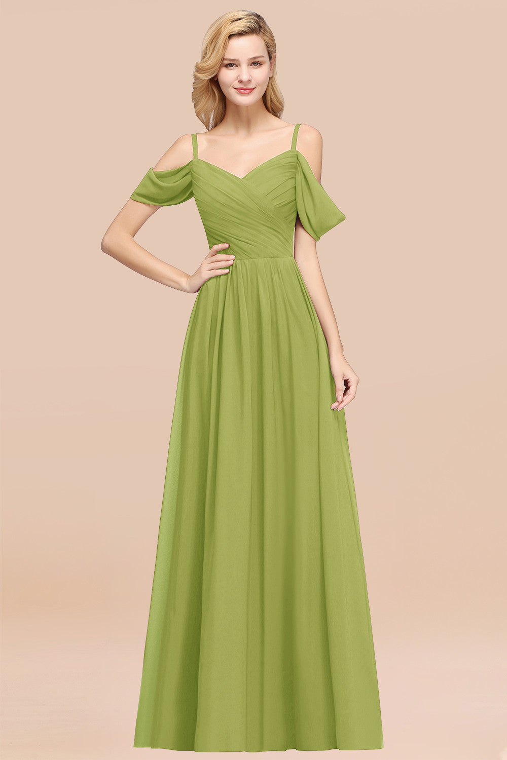 A-Line Chiffon V-Neck Spaghetti Straps Short Sleeves Floor Length Bridesmaid Dresses with Ruffles
