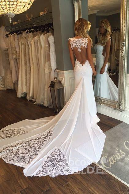 Sexy Long Mermaid Sweetheart Open Back Satin Lace Wedding Dress