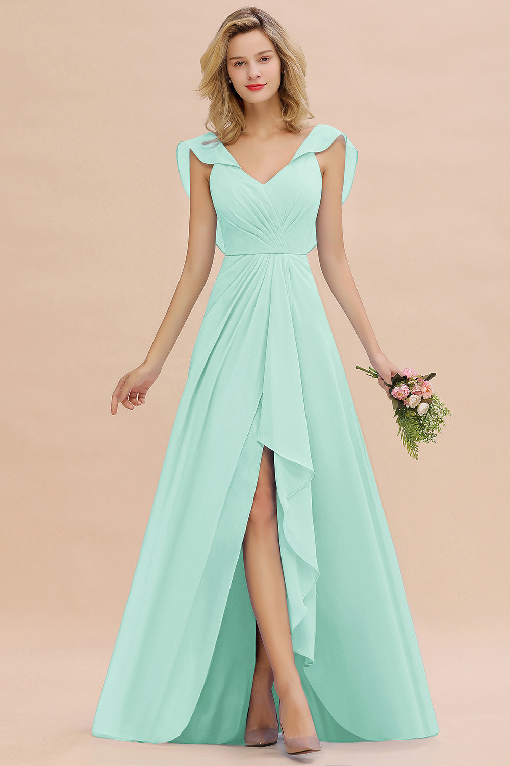 Simple High Low A-line V-Neck Ruffles Chiffon Bridesmaid Dress