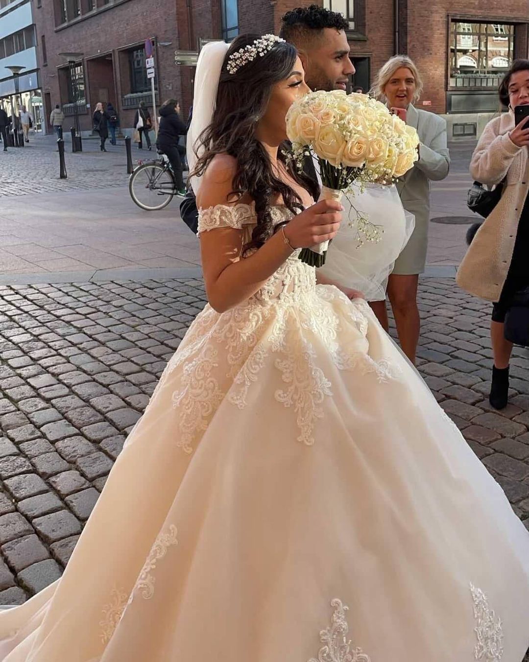 Modest Long A-line Off the Shoulder Tulle Wedding Dress with Lace