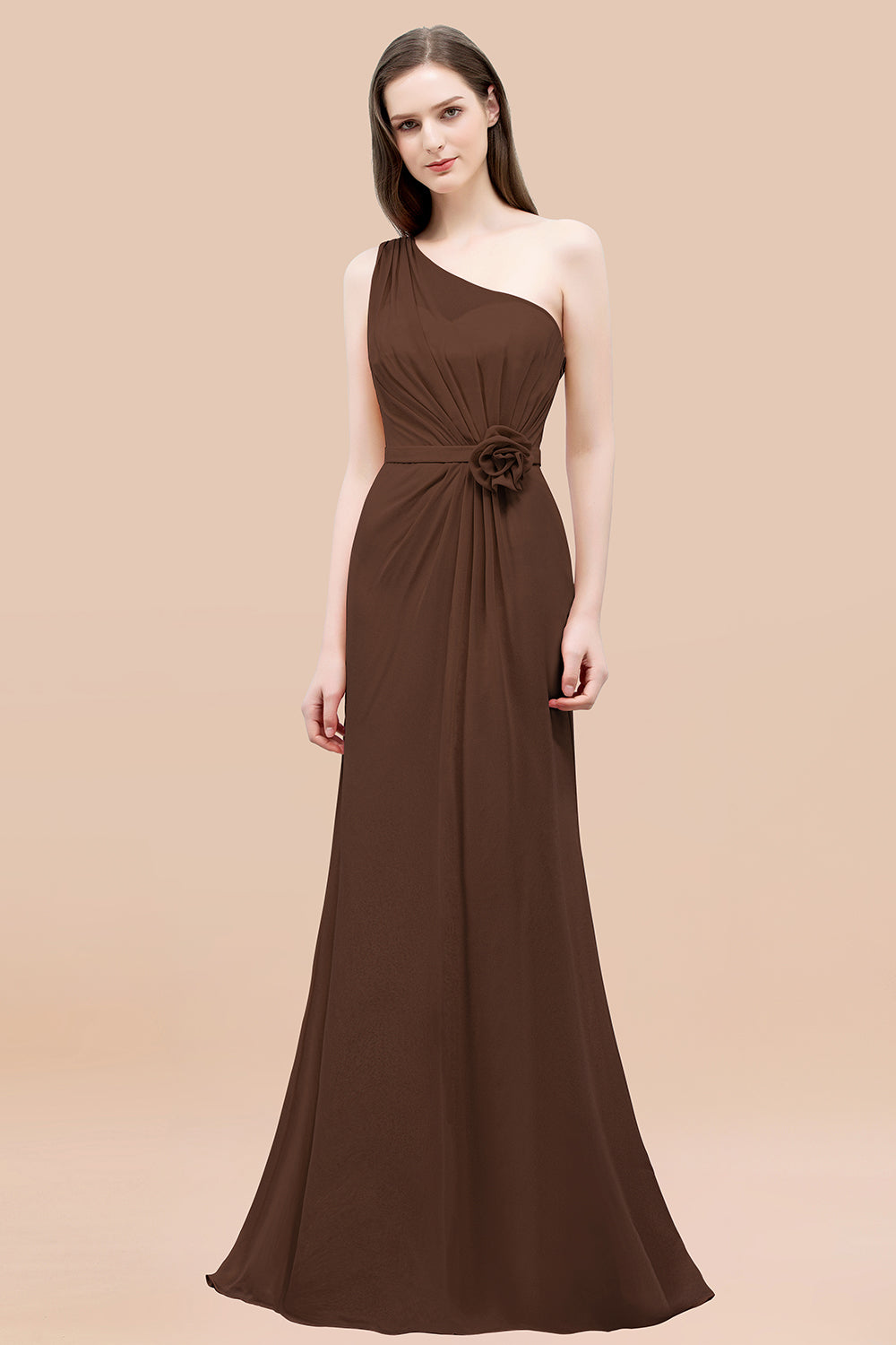 Mermaid Chiffon One Shoulder Sleeveless Ruffled Floor Length Bridesmaid Dresses with Flower