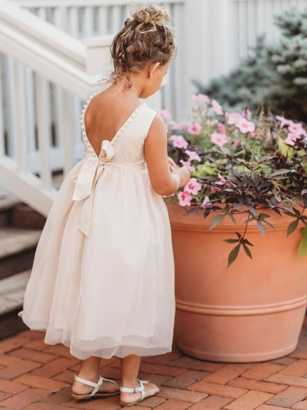 Jewel Neck Ivory Flower Girl Dress Sleeveless Formal Kids Dress for Party