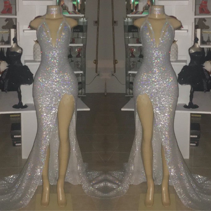 Long V-neck Sequins Mermaid Front Slit Floor Length Prom Dresses