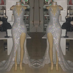 Long V-neck Sequins Mermaid Front Slit Floor Length Prom Dresses