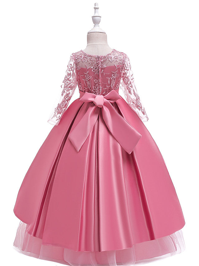 Long Ball Gown Satin Tulle Flower Girl Dresses with Sleeves