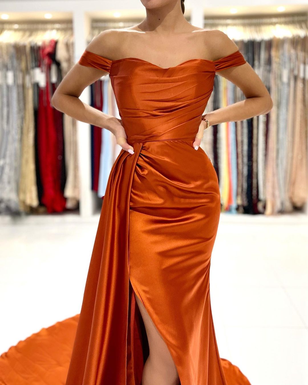 Stunning Long Mermaid Off the Shoulder Satin Prom Dress with Slit