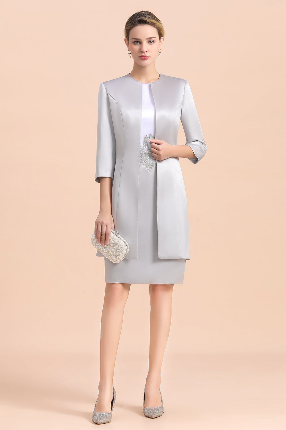 Silve Lace Appliques Short Knee-Length Mother Of the Bride Dress