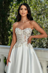 Elegant Short Strapless A Line Satin Tea Length Weddinhg Dress