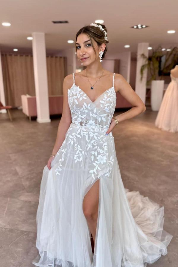 A-Line V-Neck Spaghetti Straps Tulle Long Front Split Wedding Dress with Applique