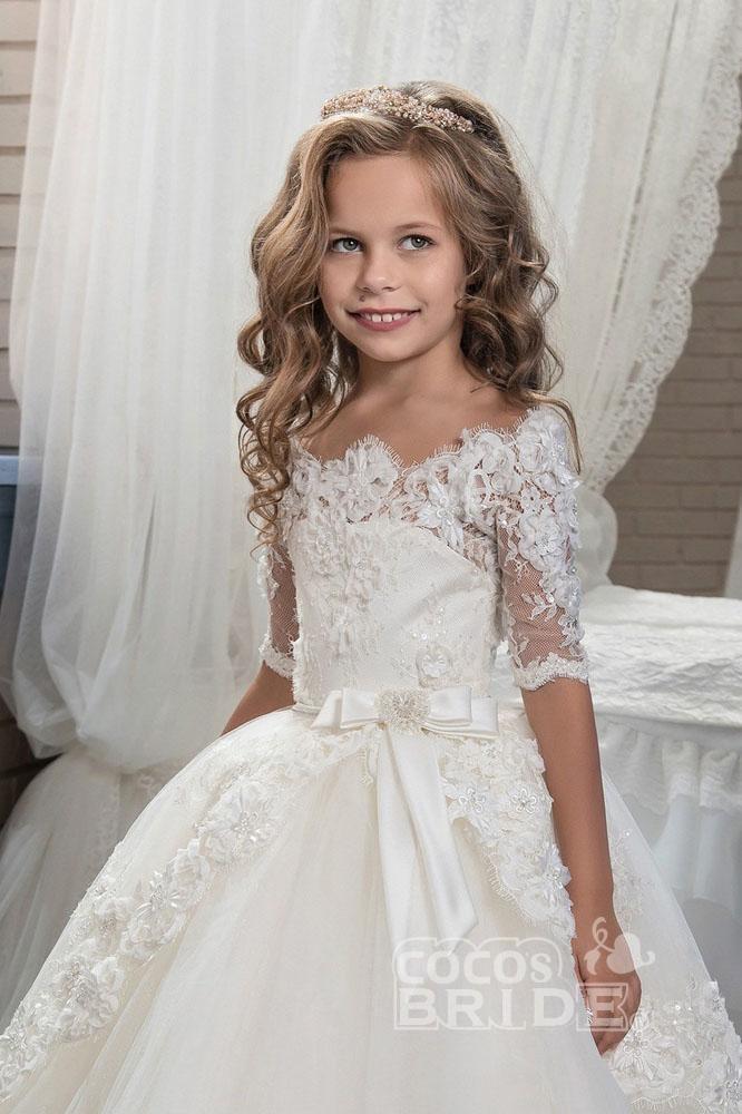 White Long Off The Shoulder Ball Gown Flower Girl Dress with Sleeves
