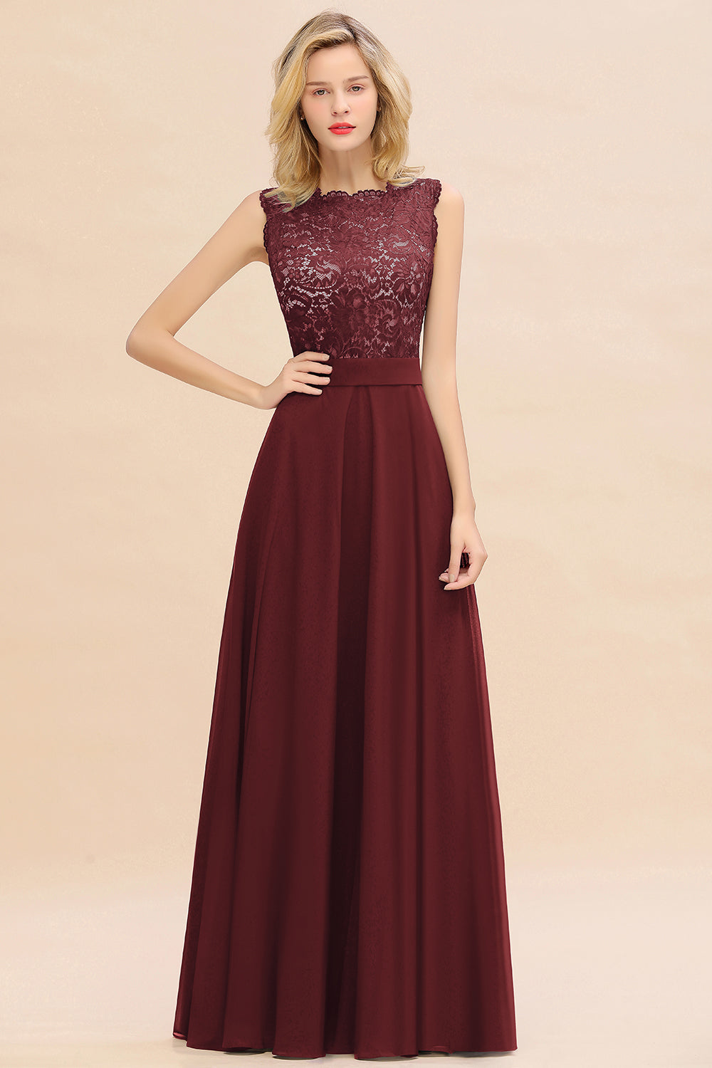 Long A-line Chiffon Lace Sleeveless Bridesmaid Dresses