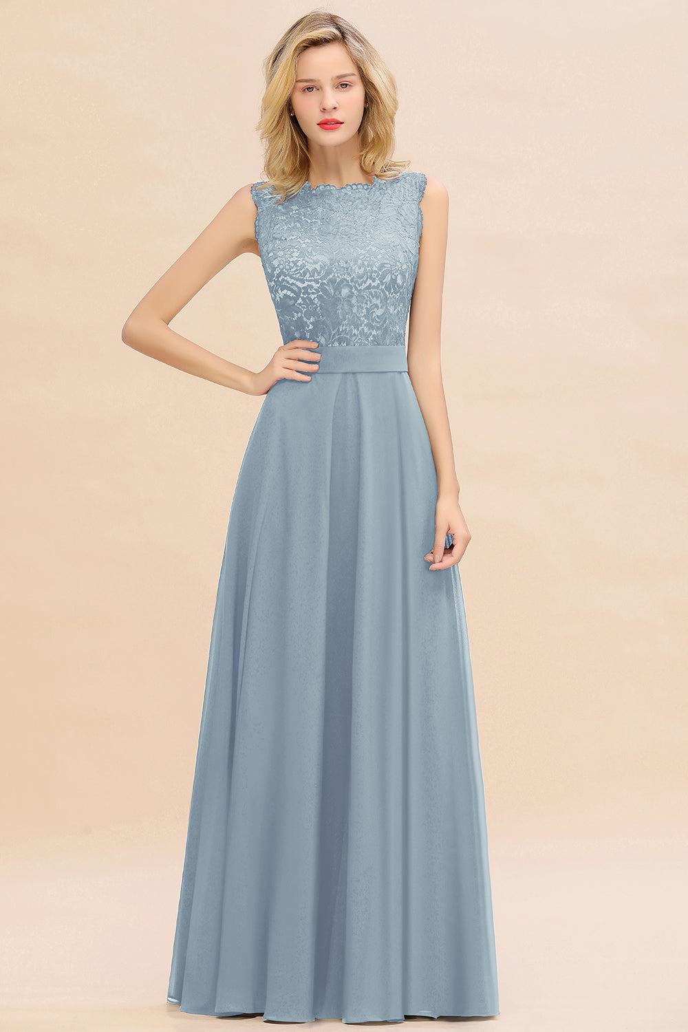 Long A-line Chiffon Lace Sleeveless Bridesmaid Dresses