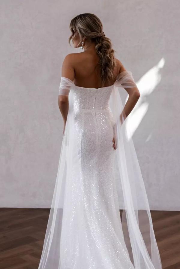 Sparkly Long Mermaid Off the Shoulder Sequins Ruched Wedding Dress with Slit