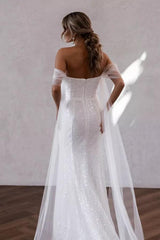 Sparkly Long Mermaid Off the Shoulder Sequins Ruched Wedding Dress with Slit
