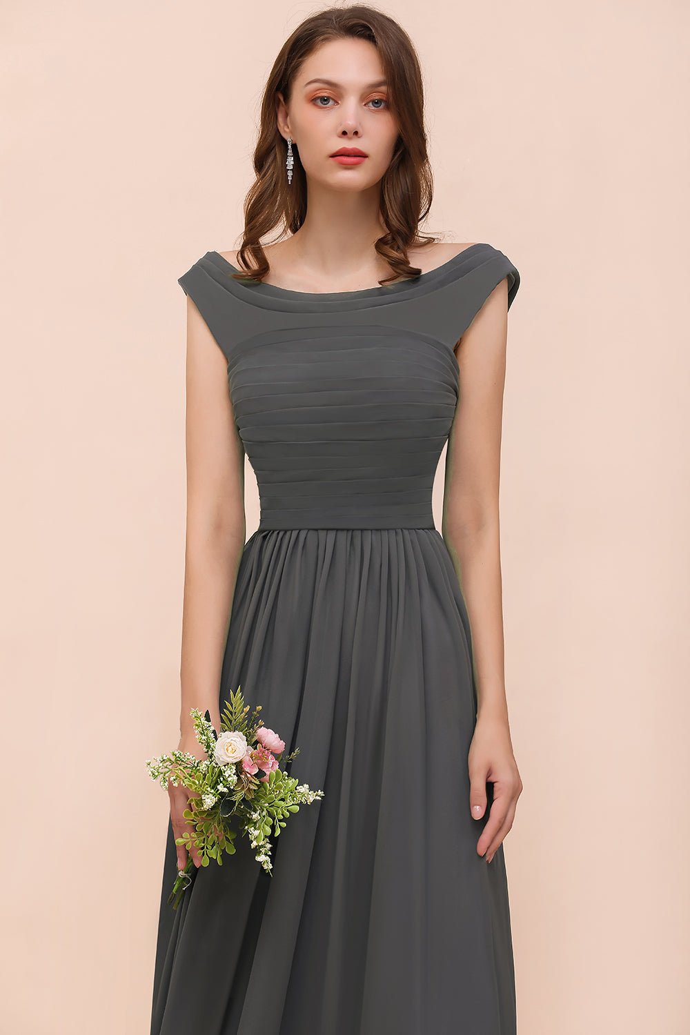 Long A-line Off the Shoulder Ruffle Steel Grey Bridesmaid Dress with Slit