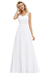 Long A Line Chiffon Sleeveless Lace Bridesmaid Dress with Ruffle