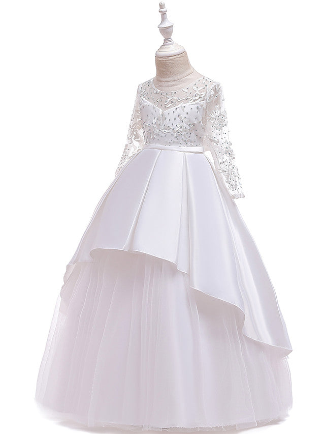 Long Ball Gown Satin Tulle Flower Girl Dresses with Sleeves