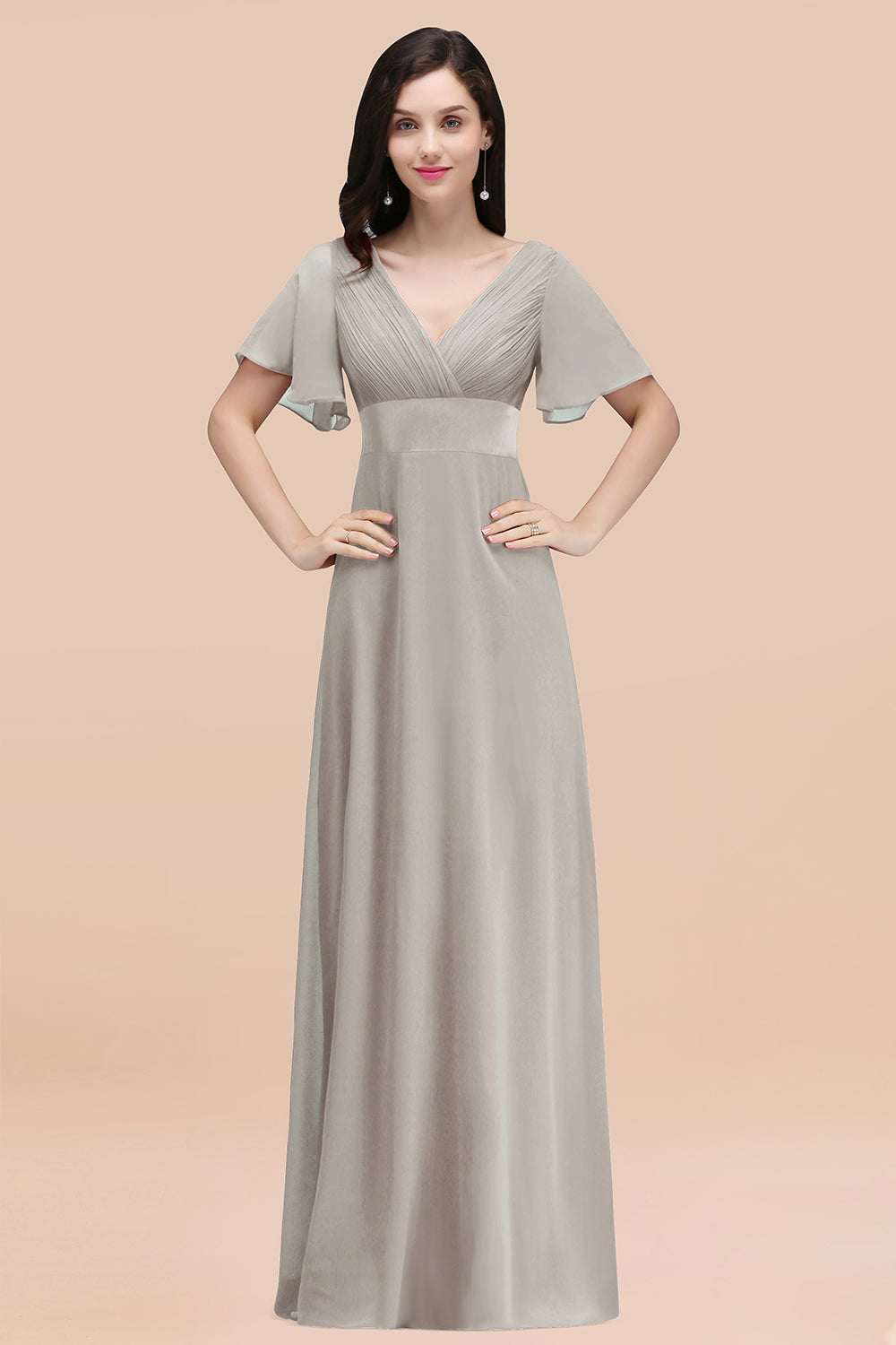Simple A-Line Chiffon V-Neck Short Sleeves Ruffles Floor Length Bridesmaid Dresses