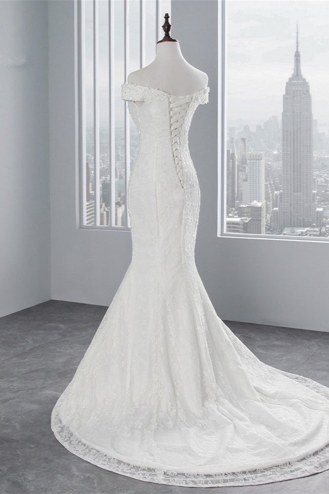 Elegant Long Mermaid Off the Shoulder Floor Length Lace Wedding Dress