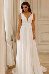 Elegant Long A-line V-Neck Sleeveless Chiffon Backless Wedding Dresses