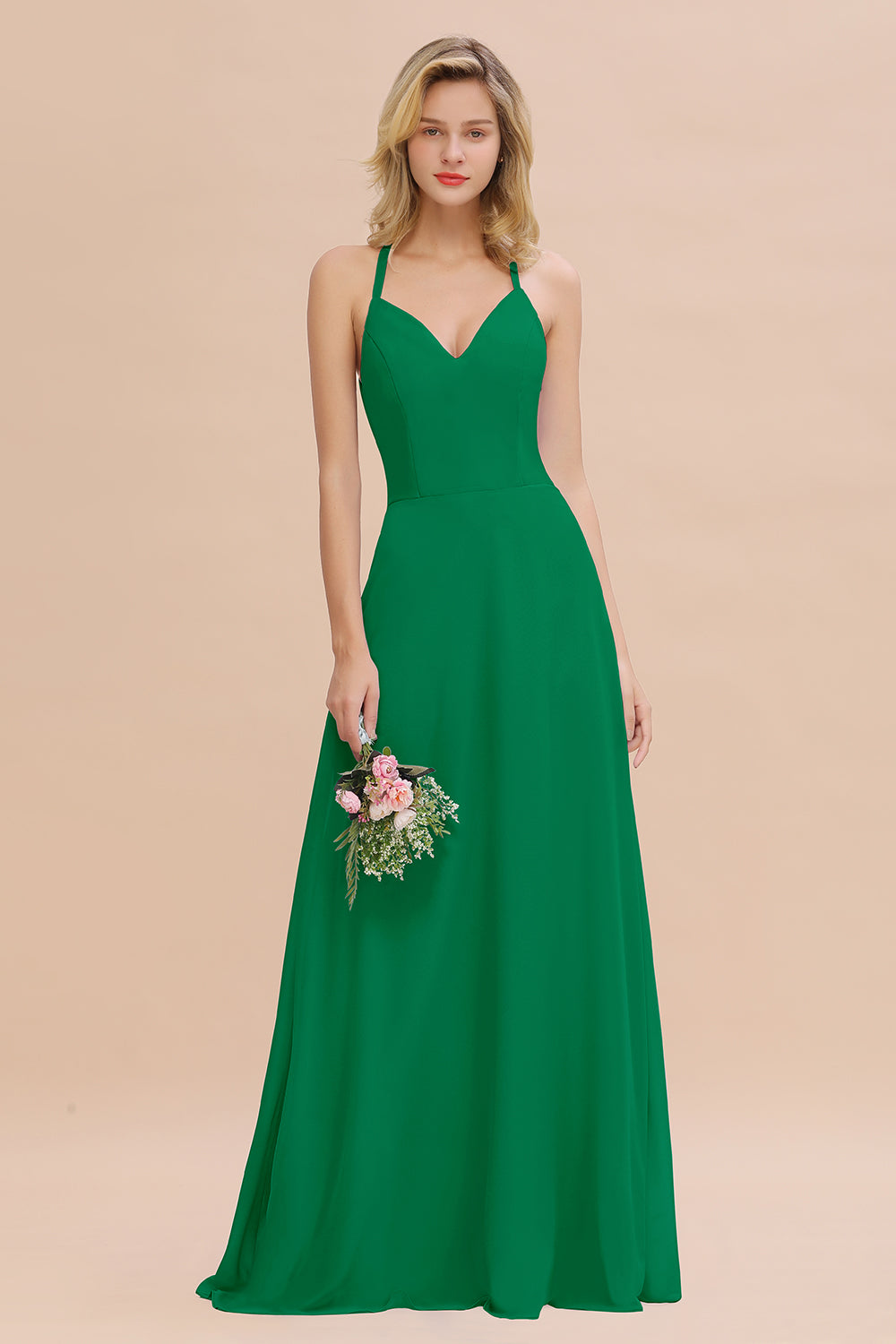 Stylish Chiffon Spaghetti Straps Sleeveless Long Bridesmaid Dress