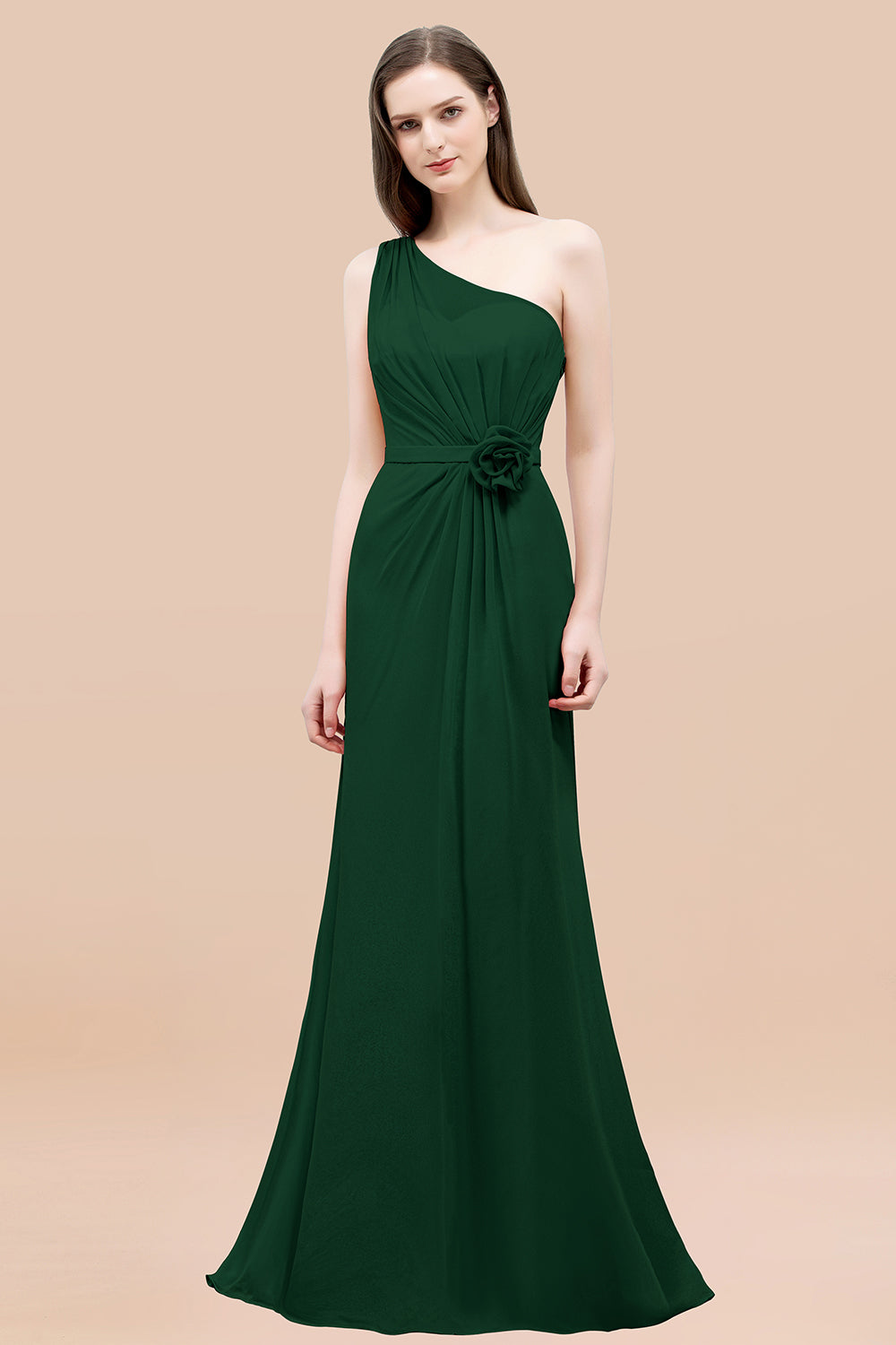 Mermaid Chiffon One Shoulder Sleeveless Ruffled Floor Length Bridesmaid Dresses with Flower