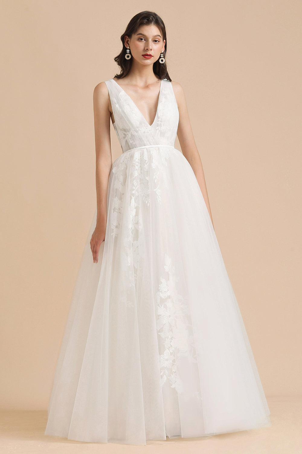 Long V-neck Lace Tulle A-line Wedding Dress