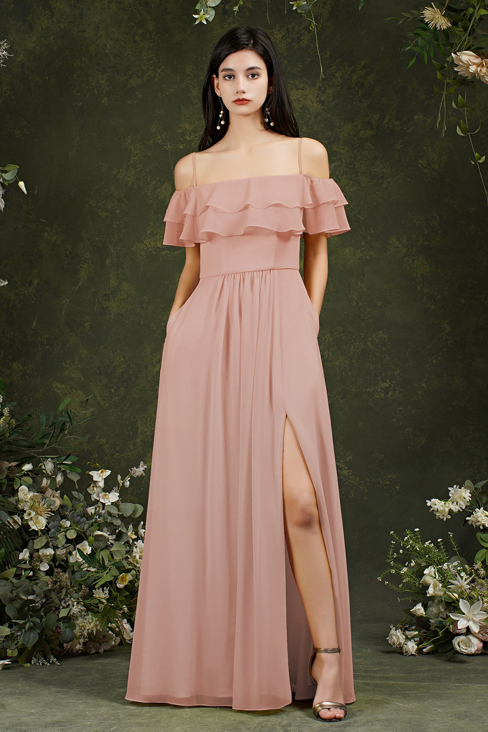 Vintage Off the Shoulder Spaghetti Straps Backless A-line Split Chiffon Bridesmaid Dress With Pockets