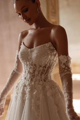 Strapless Long A Line Tulle Appliques Lace Floor Length Wedding Dress with Long Gloves
