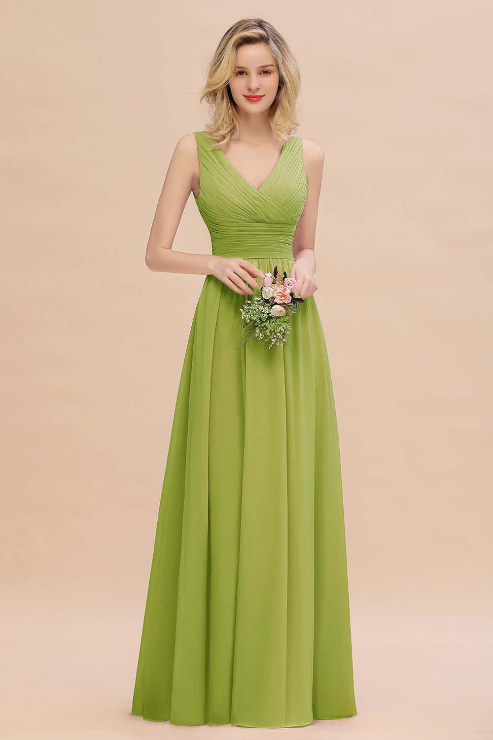 Elegant A-line V-Neck Ruffles Long Bridesmaid Dress