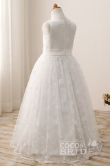 Long Scoop Neck Short Sleeveless Ball Gown Flower Girl Dress