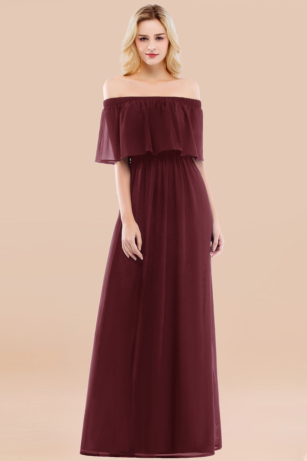 A-line Chiffon Off the Shoulder Short Sleeves Ruffles Floor Length Bridesmaid Dress