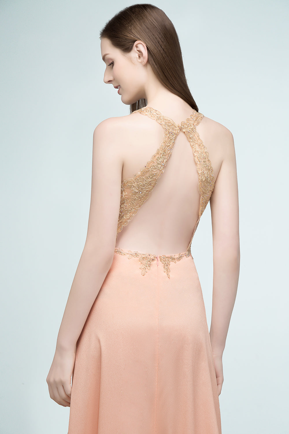 Long V-neck Chiffon Lace A-line Evening Dress