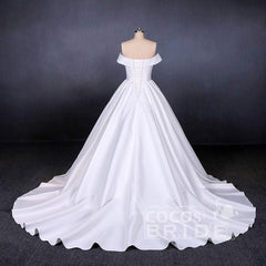 Elegant Off the Shoulder Satin Ball Gown Long Train Wedding Dress