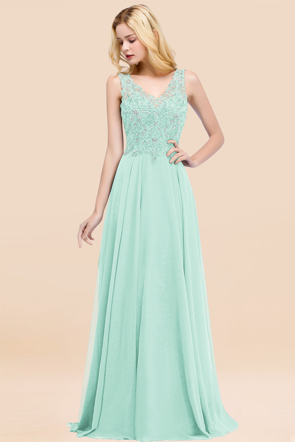 Dusty Rose Lace V-Neck Long Bridesmaid Dresses With Appliques