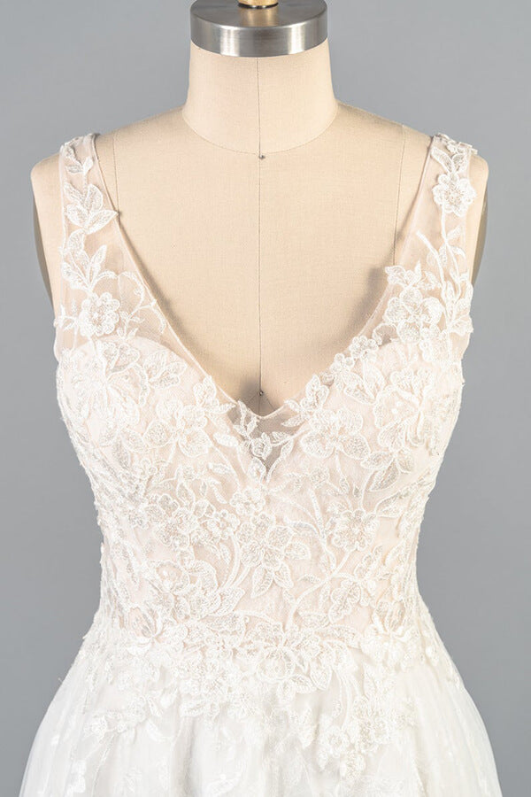 Long V-neck Appliques Tulle A-line Open Back Wedding Dress