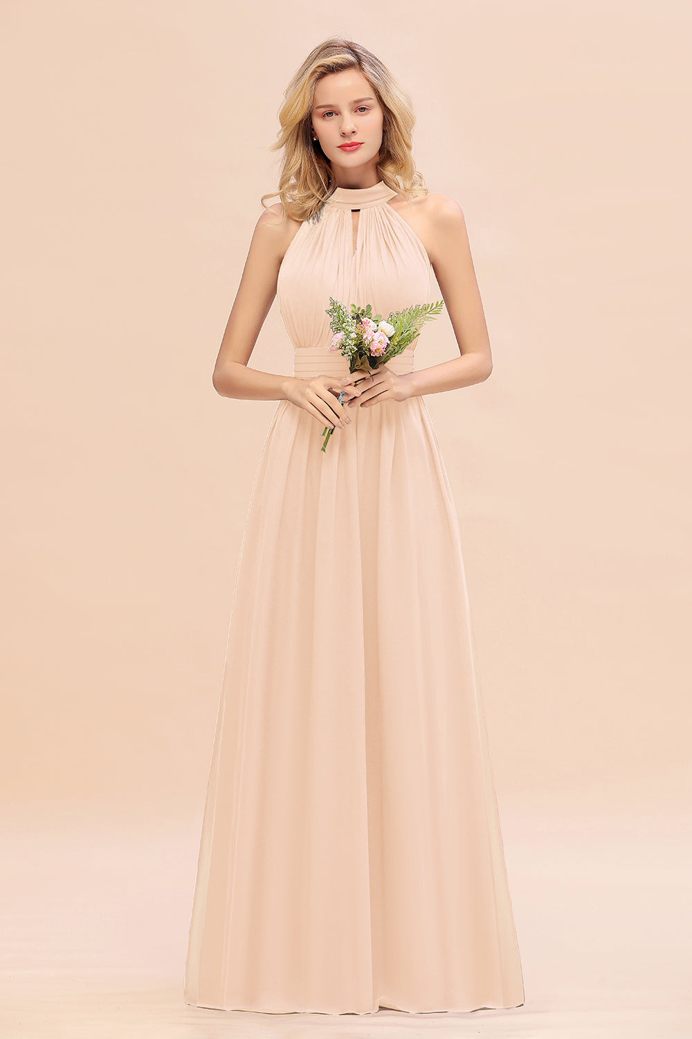 Dusty Sage Long High Neck Chiffon Bridesmaid Dresses with Ruffle