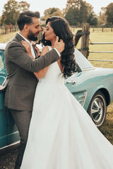 Simple White Long A-line V-neck Satin Wedding Dress with Slit